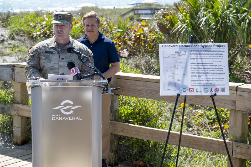 Col. Brandon Bowman, USACE Jacksonville District Commander, with U.S. Representative Mike Haridopolos (FL-8) in the background, speaks to members of the media at press conference in Jetty Park