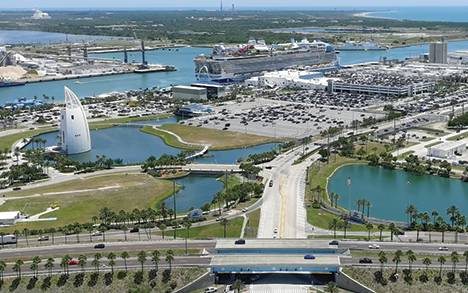 Aerial image showing cars driving through Port Canaveral.
