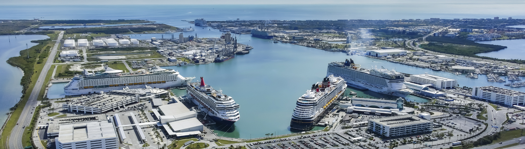 Drone image of a 6-ship day at Port Canaveral