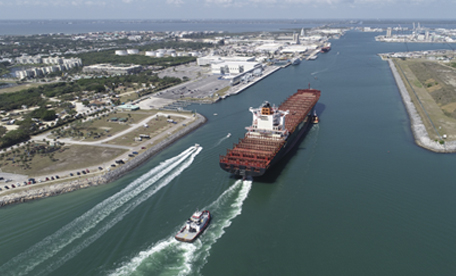 Aerial image of cargo vessel coming into Port Canaveral