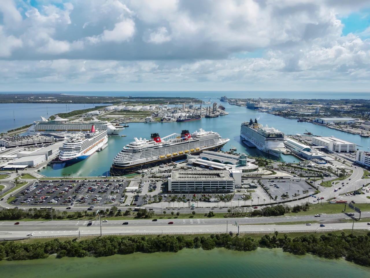Aerial photo of 6 ship day at Port Canaveral