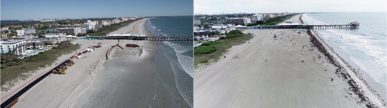 Before and after aerial photo of Cocoa Beach pier