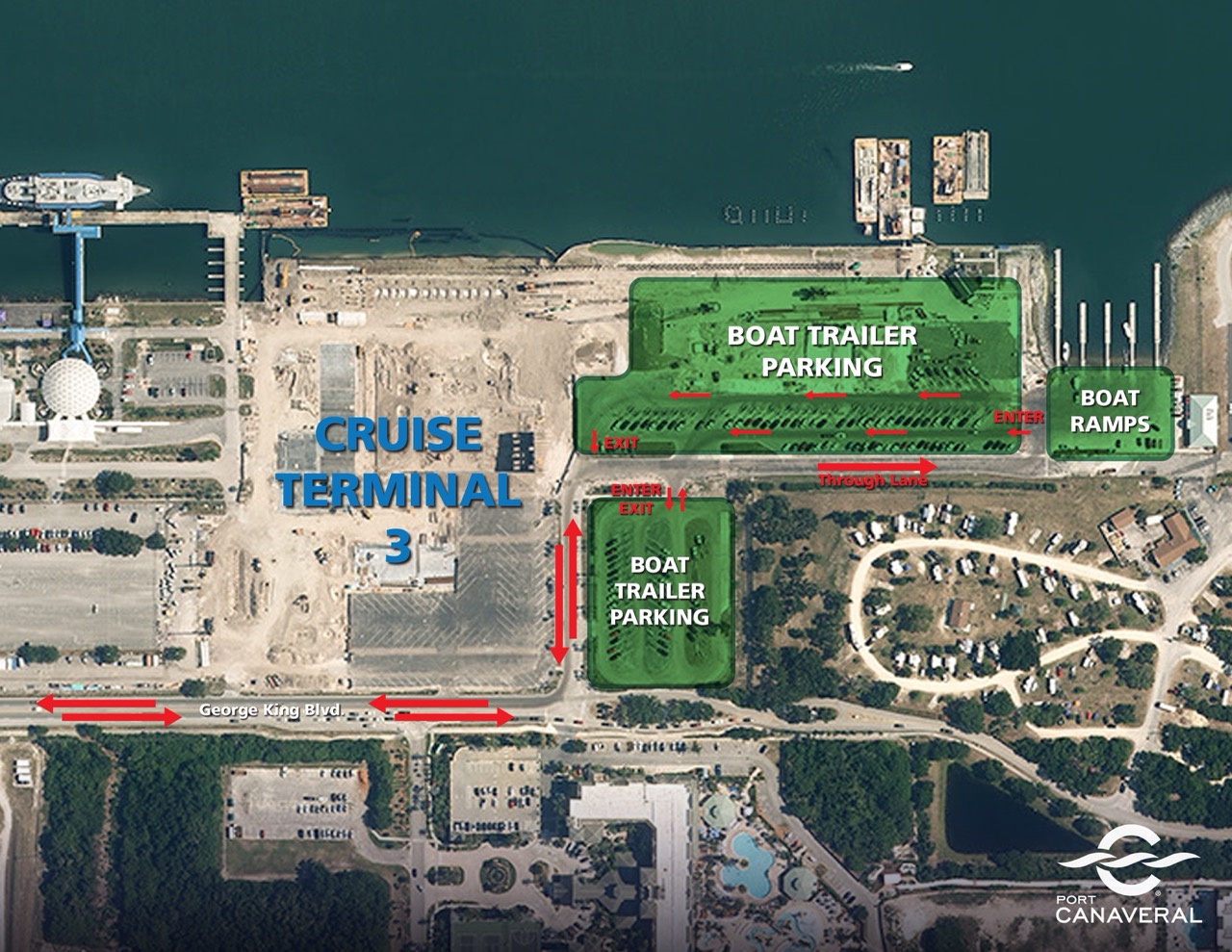 Photo showing boat trailer parking locations at Port Canaveral