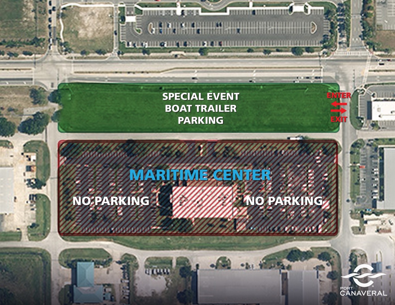 Map showing overflow trailer parking at the Port's Maritime Center